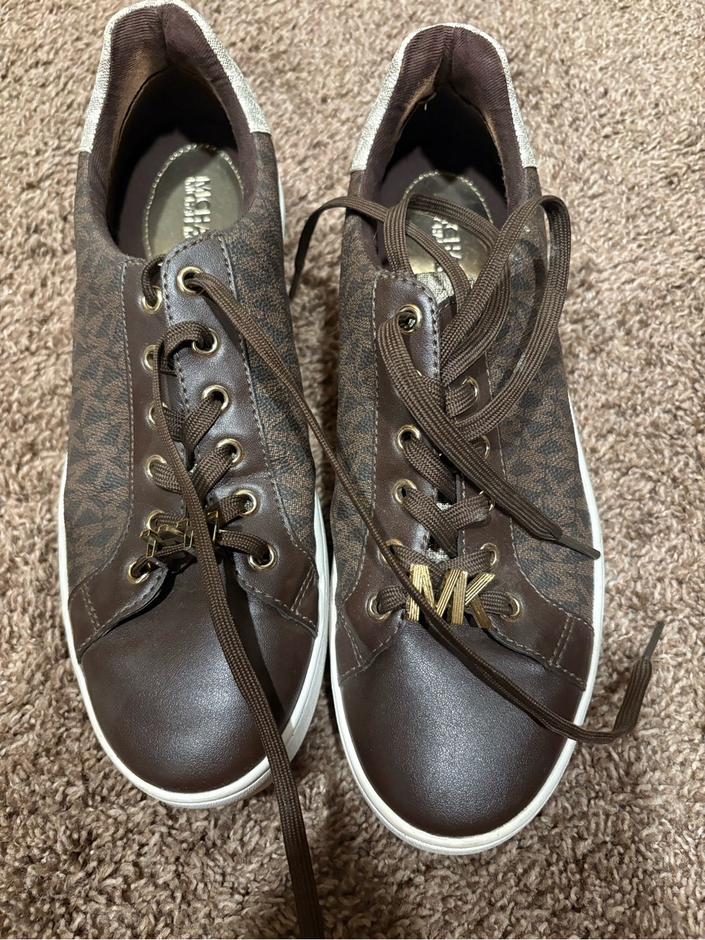 Michael Kors Brown Logo-Print Lace-Up Sneakers with Gold MK Charm